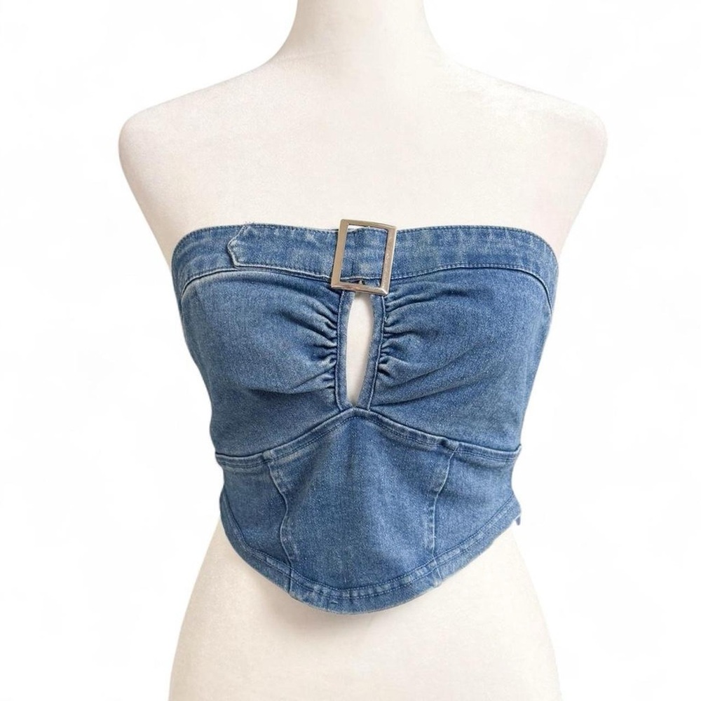 Denim Blvd Strapless Tube Top Blue Denim Stretch Bustier Small